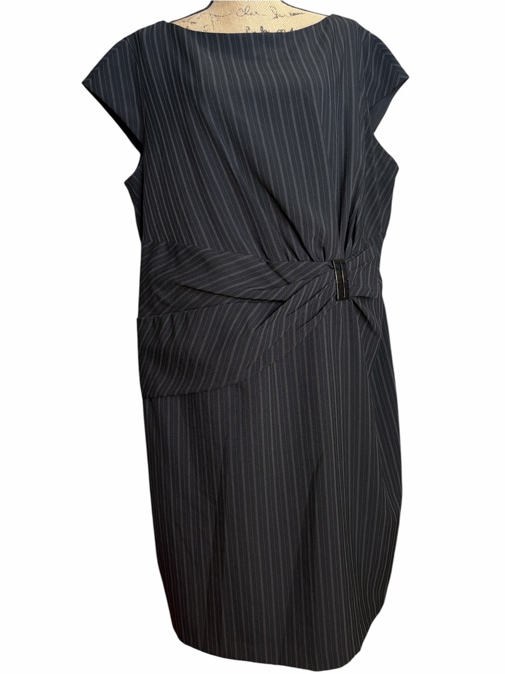 Kim Rogers Black & Gray Pinstripe Twist-Waist Midi Dress EC. Size 22W